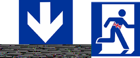 Composite image with a blue downward arrow icon and a Brexit-themed emergency exit sign.