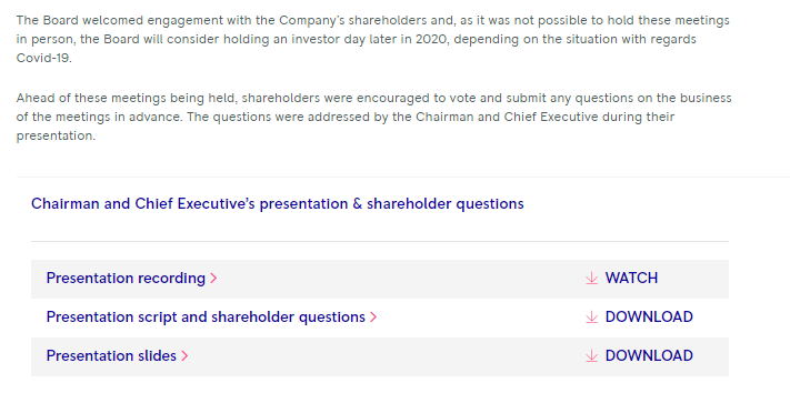 Screenshot of a document section showing links to presentation recording, script, and slides, with watch and download buttons