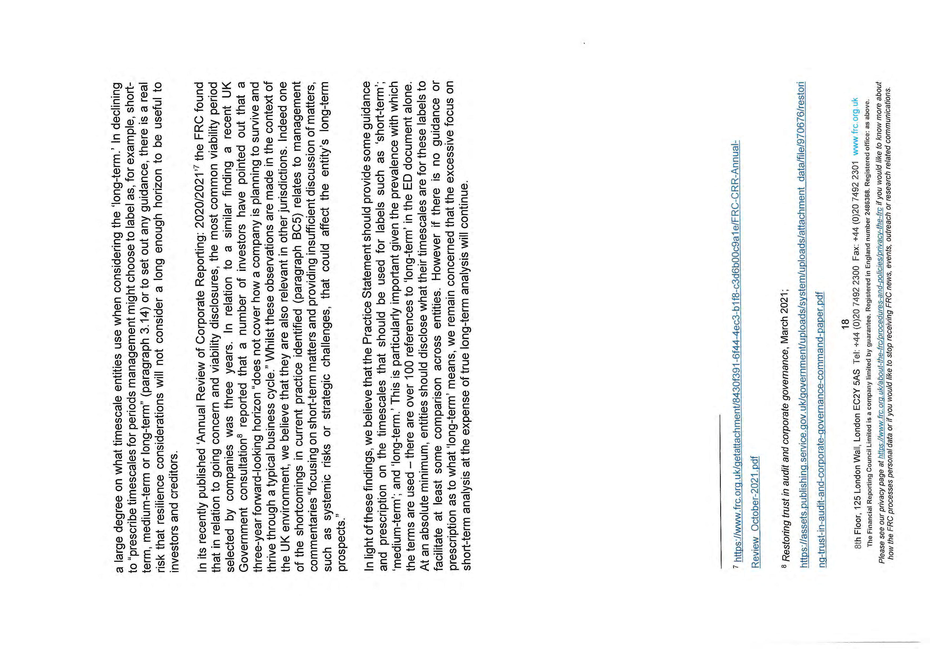 Page discussing short, medium, and long-term disclosures in management commentary based on FRC findings.