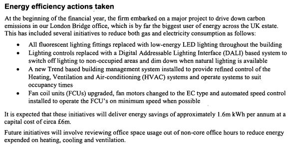 Screenshot of text detailing energy efficiency actions taken, including LED lighting, DALI systems, BMS installation, and fan coil unit upgrades.