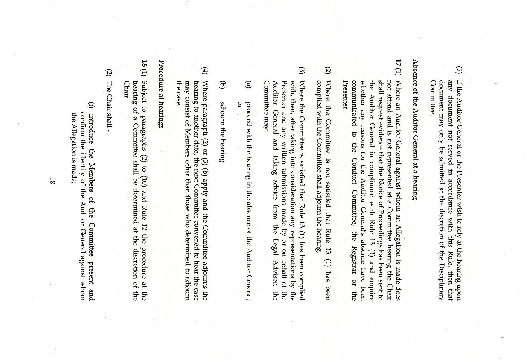 Page 18 of a document detailing procedures for hearings and what happens if the Auditor General is absent
