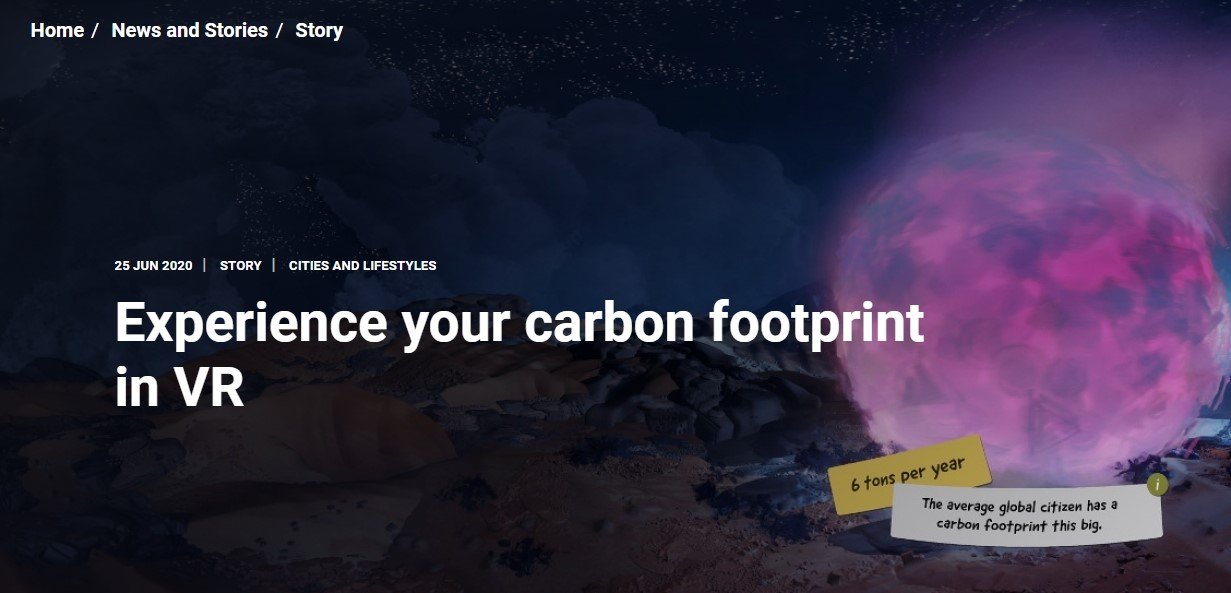Website screenshot showing a glowing purple sphere in VR, with text "Experience your carbon footprint in VR" and data on average global carbon footprint.