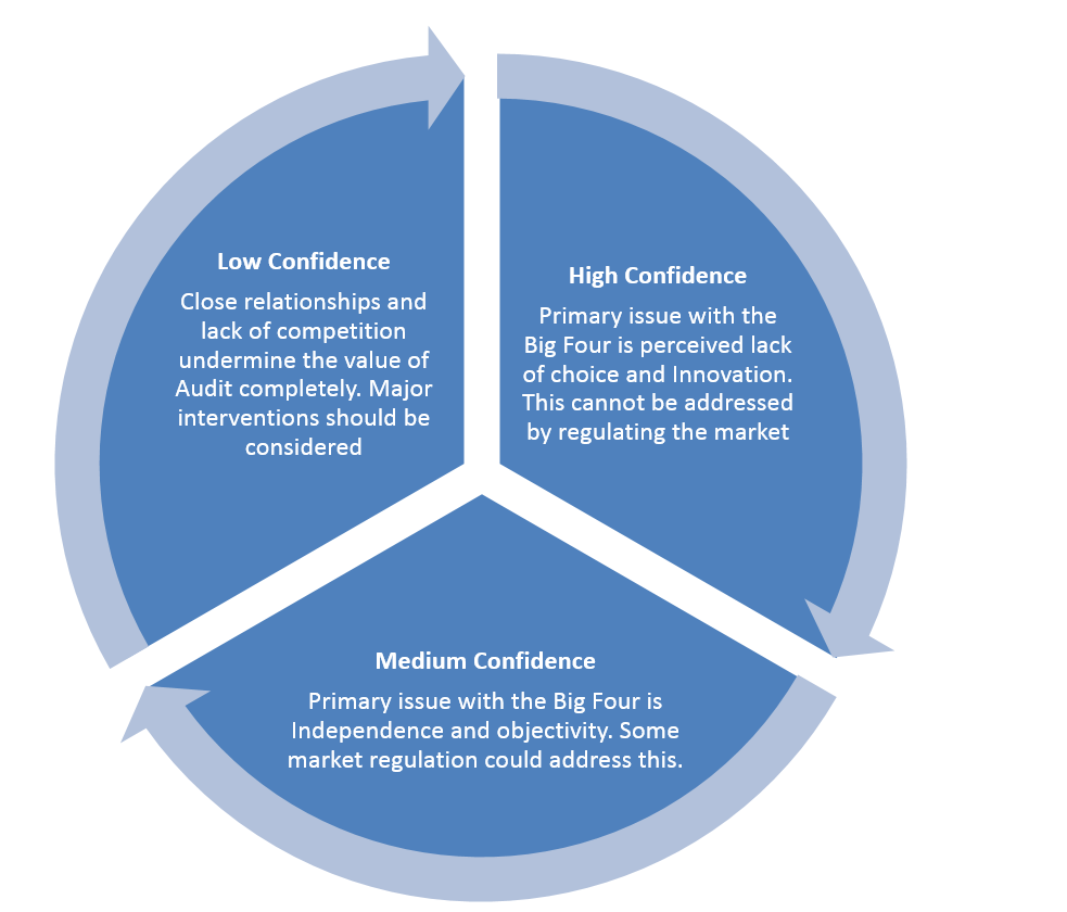 Circular diagram illustrating different levels of confidence in audit and the Big Four, detailing low, high, and medium confidence issues.