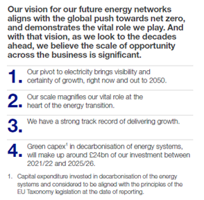 Numbered list of four key points outlining the vision for future energy networks, highlighting pivot to electricity, scale, track record, and green capex investment.