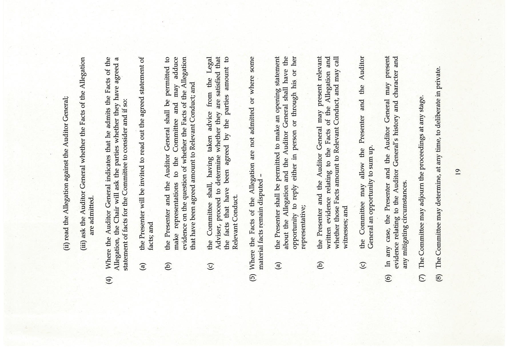 Page 19 of a document discussing procedures at hearings including admitting facts and presenting evidence