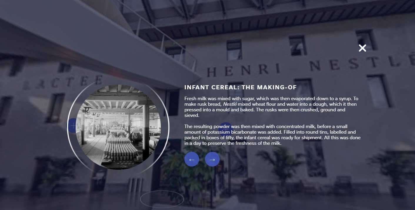 Screenshot of an interactive display detailing "Infant Cereal: The Making-Of" with text and a circular black-and-white factory photo.