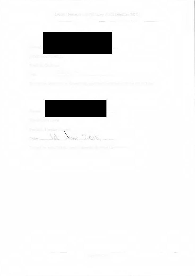 Document page showing redacted signature blocks and the handwritten date '1st June 2015' for document approval.