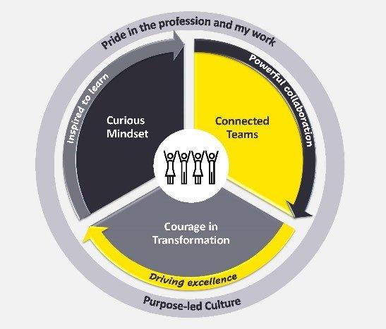 Circular diagram illustrating three core values: Curious Mindset, Connected Teams, and Courage in Transformation, supported by phrases like Powerful Collaboration and Purpose-led Culture.