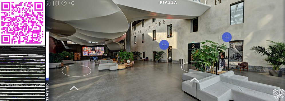 Panoramic interior view of a modern hall with seating, plants, and interactive hotspots, alongside a pink QR code on the left.