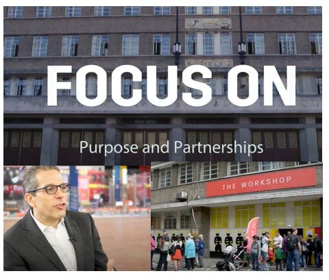 Collage image with text "FOCUS ON Purpose and Partnerships" over a building, a man speaking, and an outdoor event