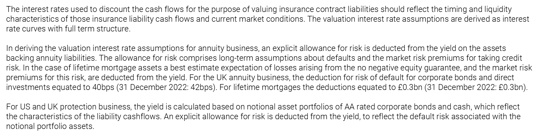 Text explaining interest rate assumptions for valuing insurance contract liabilities and current market conditions.