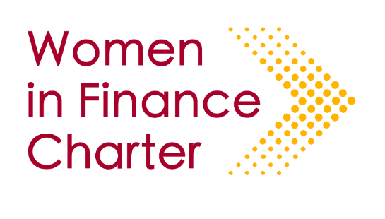 Logo for the Women in Finance Charter, featuring red text and an orange arrow made of dots.