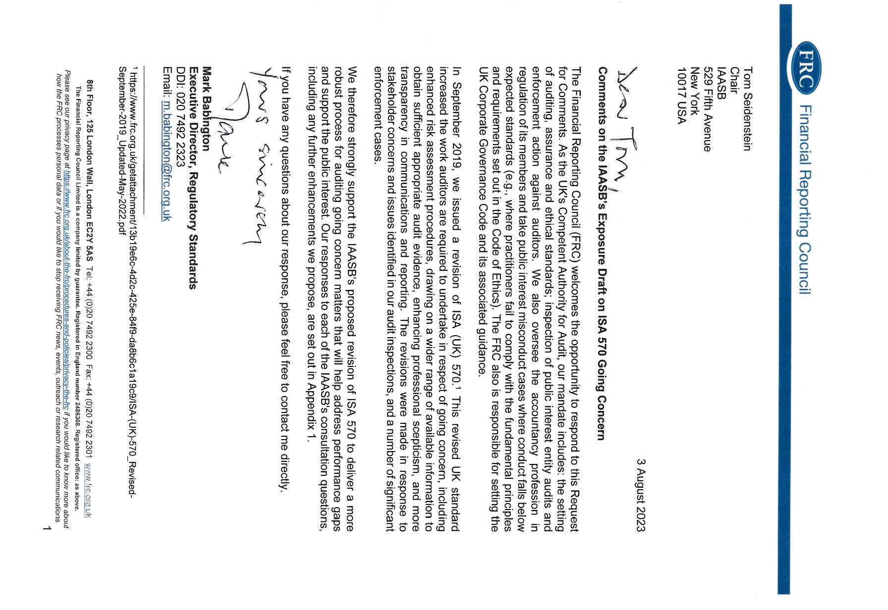 Handwritten signature of Mark Babington and date 3 August 2023, on a document from the Financial Reporting Council.