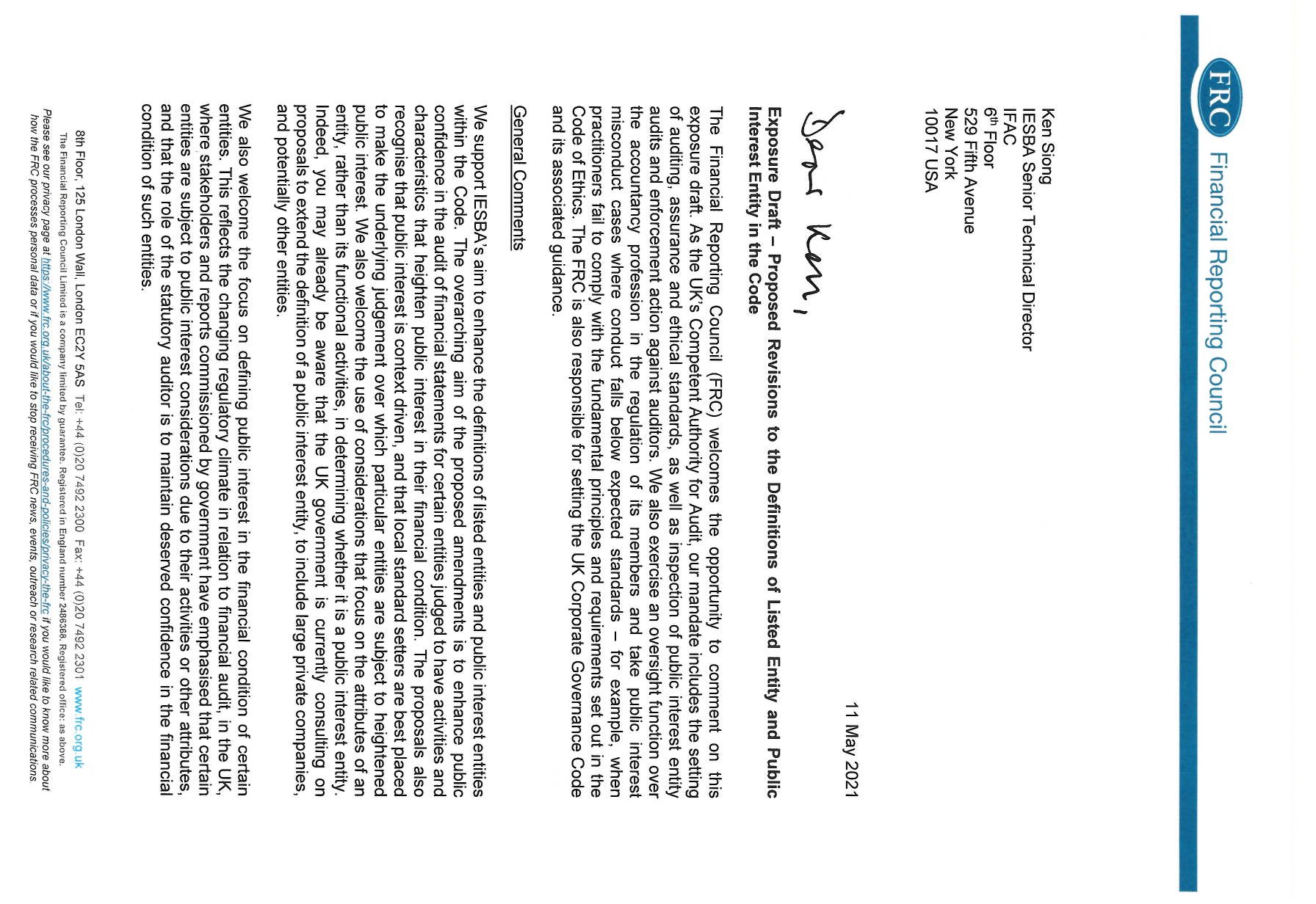 First page of a letter from the Financial Reporting Council, outlining an exposure draft and seeking comments.