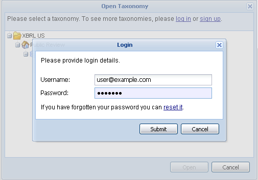 Screenshot of a login dialog box requesting username and password, overlaid on an "Open Taxonomy" window.