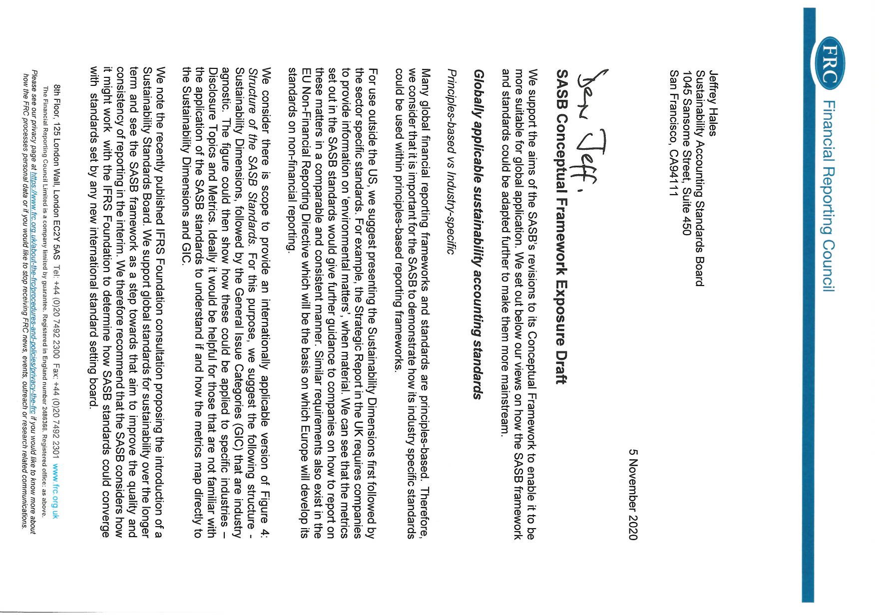 Signature of Ben Jeff and the FRC Financial Reporting Council logo, identifying the document's sender and issuer.