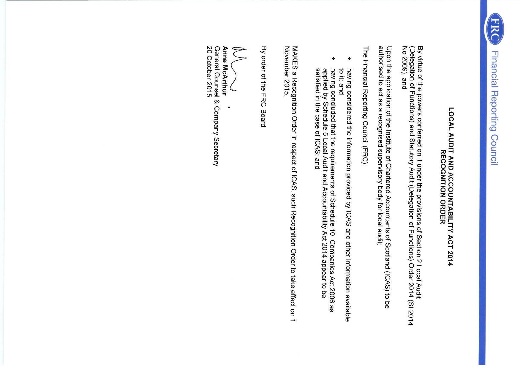 Official document from Financial Reporting Council granting a Recognition Order under the Local Audit and Accountability Act 2014 for ICAS as a supervisory body, signed by Anne McArthur, 20 Oct 2015.
