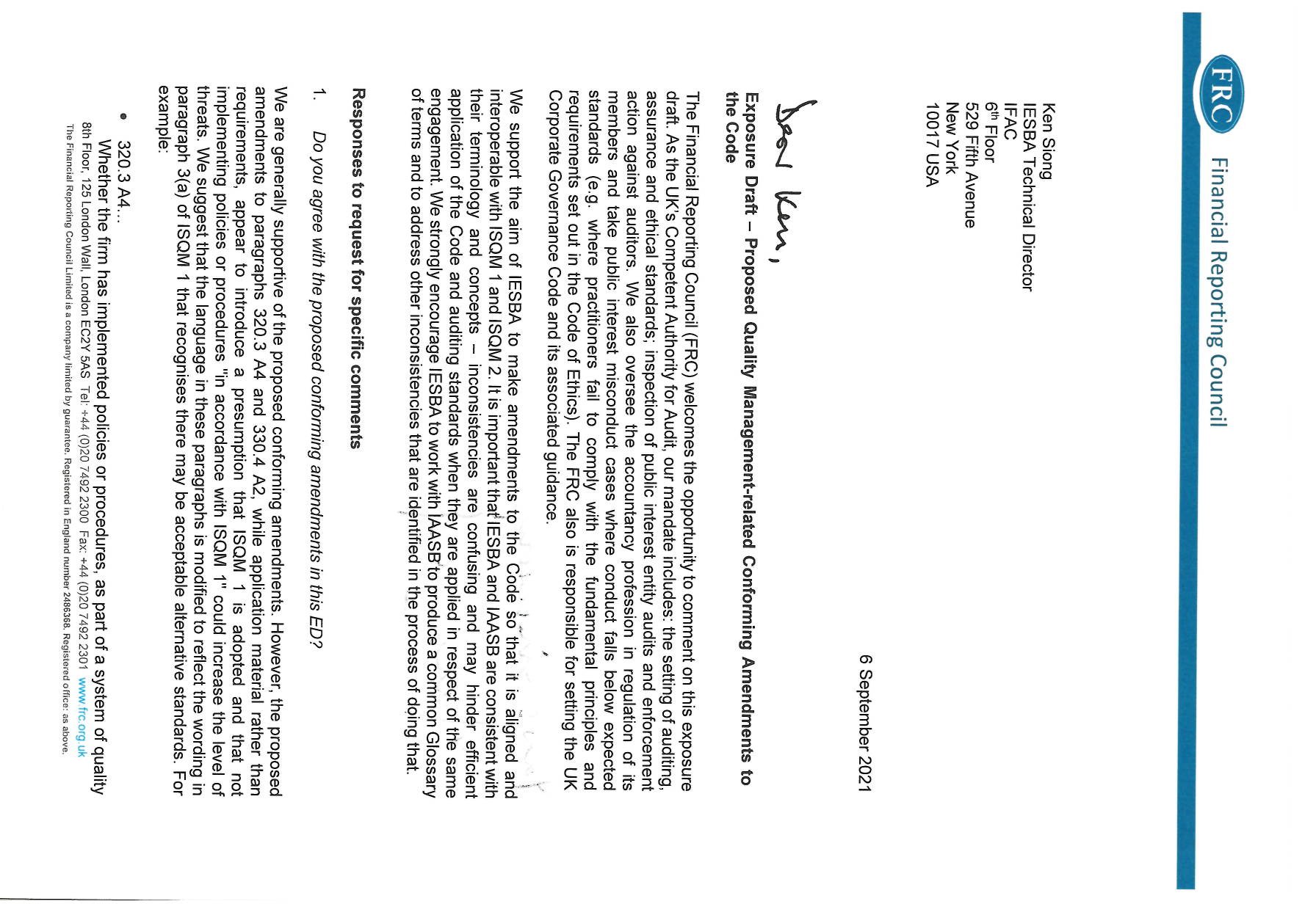 Letter scan showing a handwritten signature by Sean Lim, dated 6 September 2021, on a document from the Financial Reporting Council.