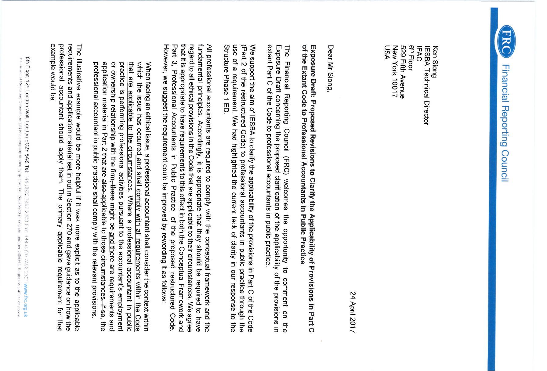 First page of a letter from the FRC Financial Reporting Council dated 24 April 2017, discussing a draft exposure report.