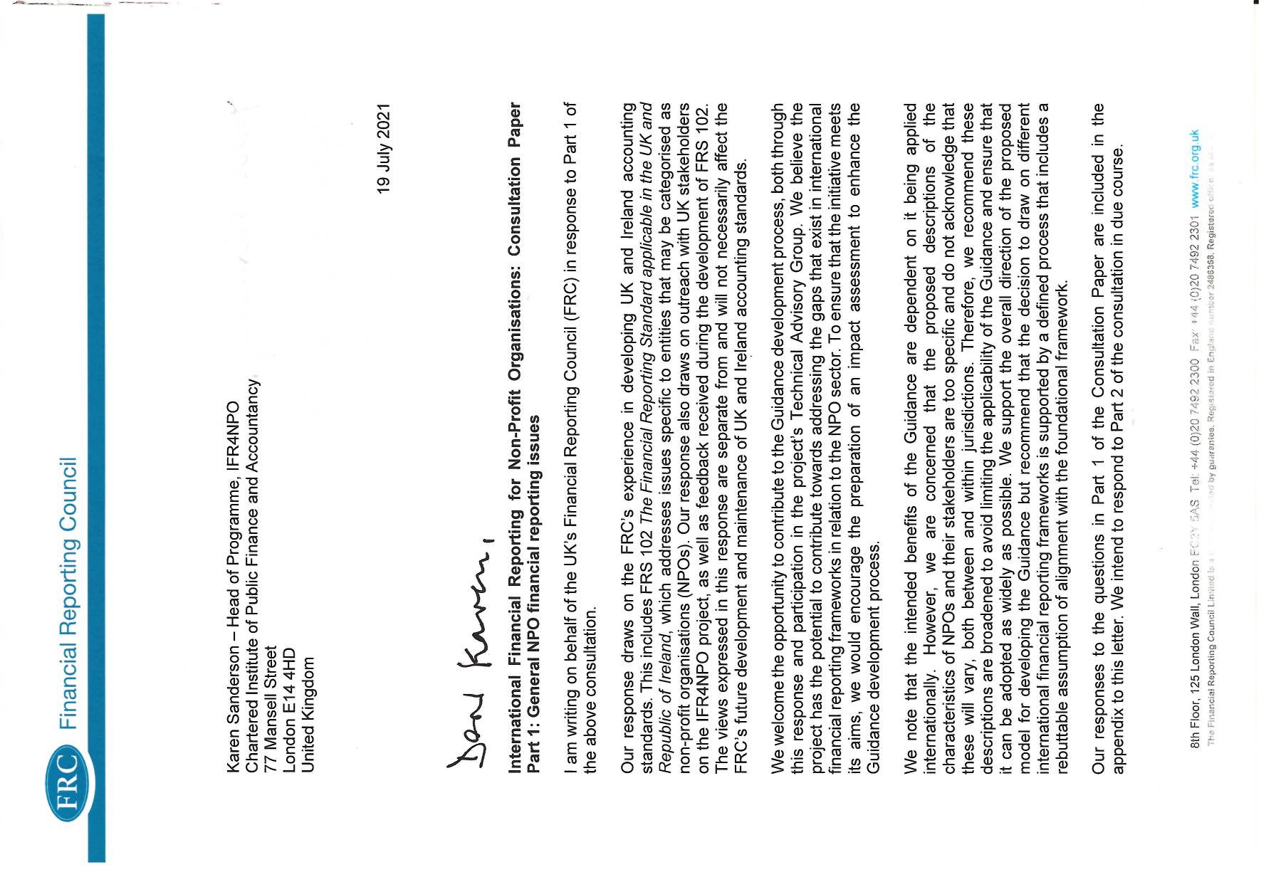 Scan of a consultation paper's first page, including FRC logo, author's details, and initial paragraphs.