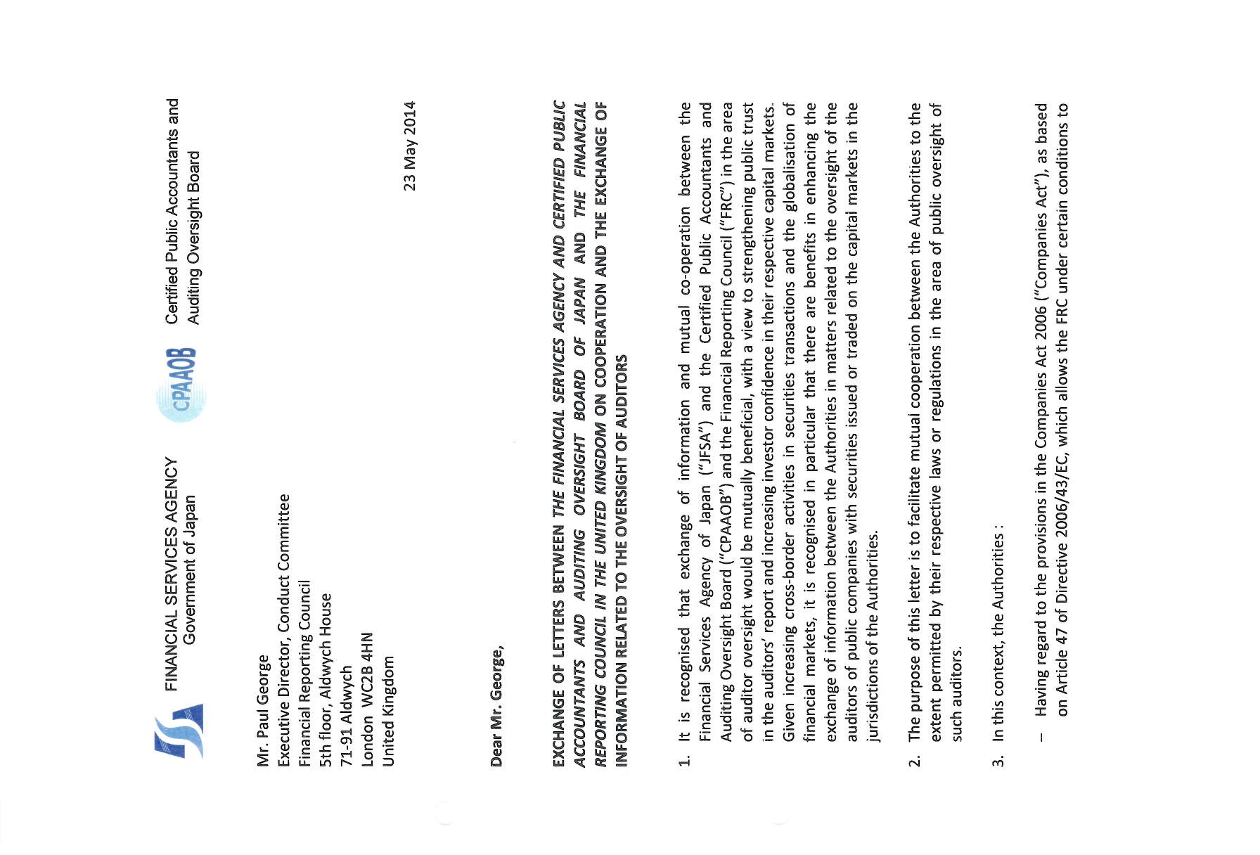 Page 1 of a formal letter from Japanese financial regulators to the UK Financial Reporting Council, outlining cooperation on auditor oversight, including organizational logos and introductory text.