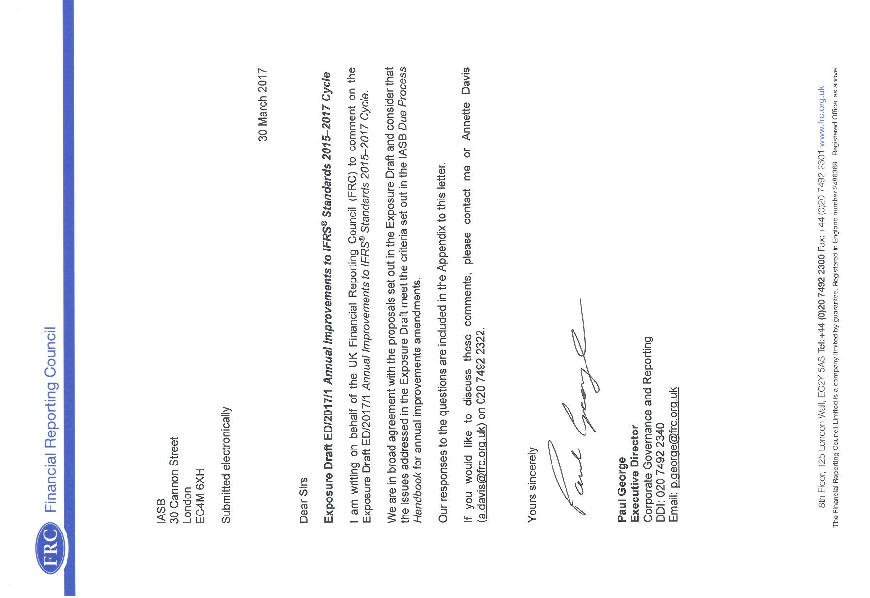 Signature of Paul George authenticating a formal letter from the Financial Reporting Council regarding IFRS Standards improvements.