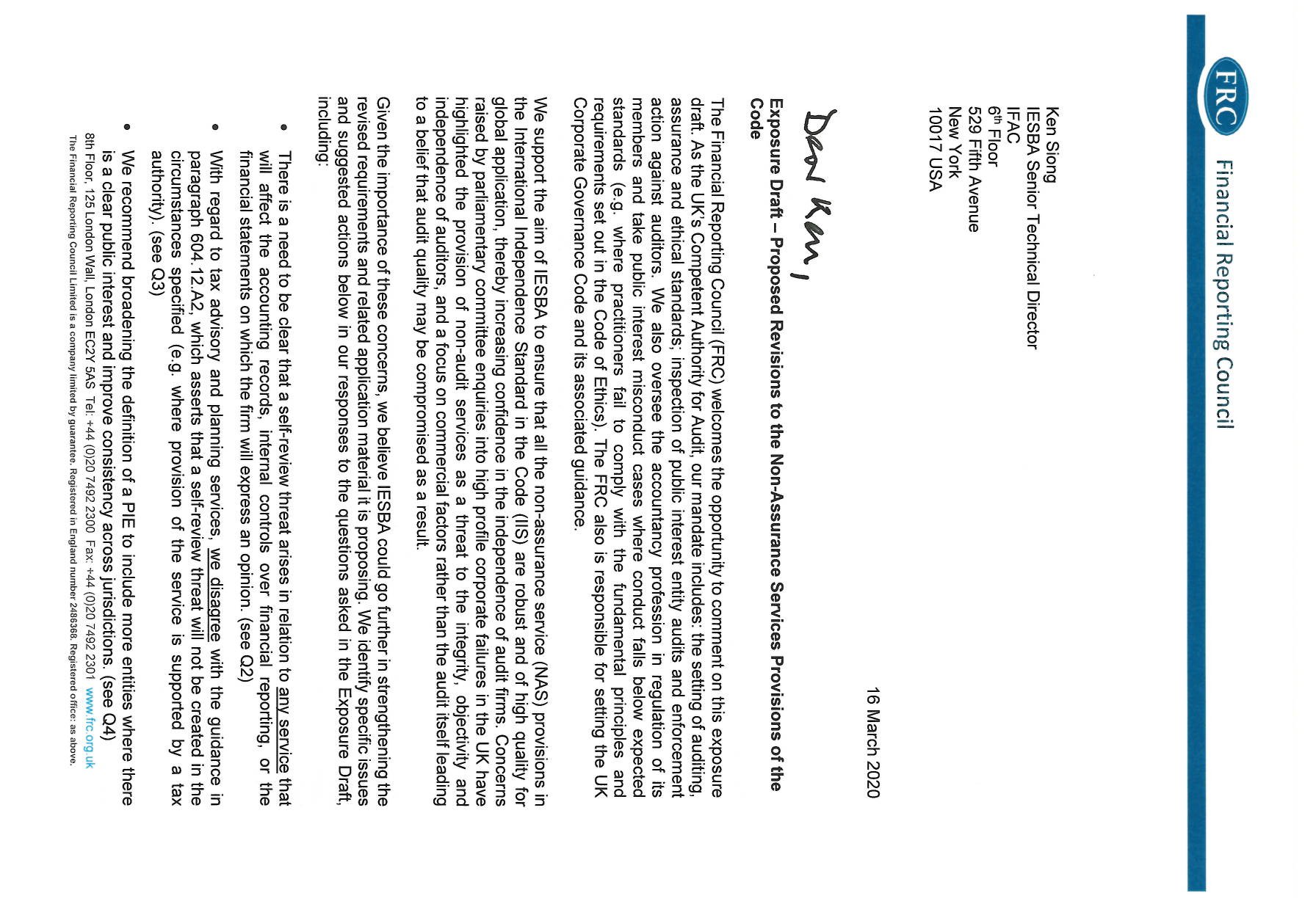 First page of a letter from Financial Reporting Council with logo and handwritten signature.