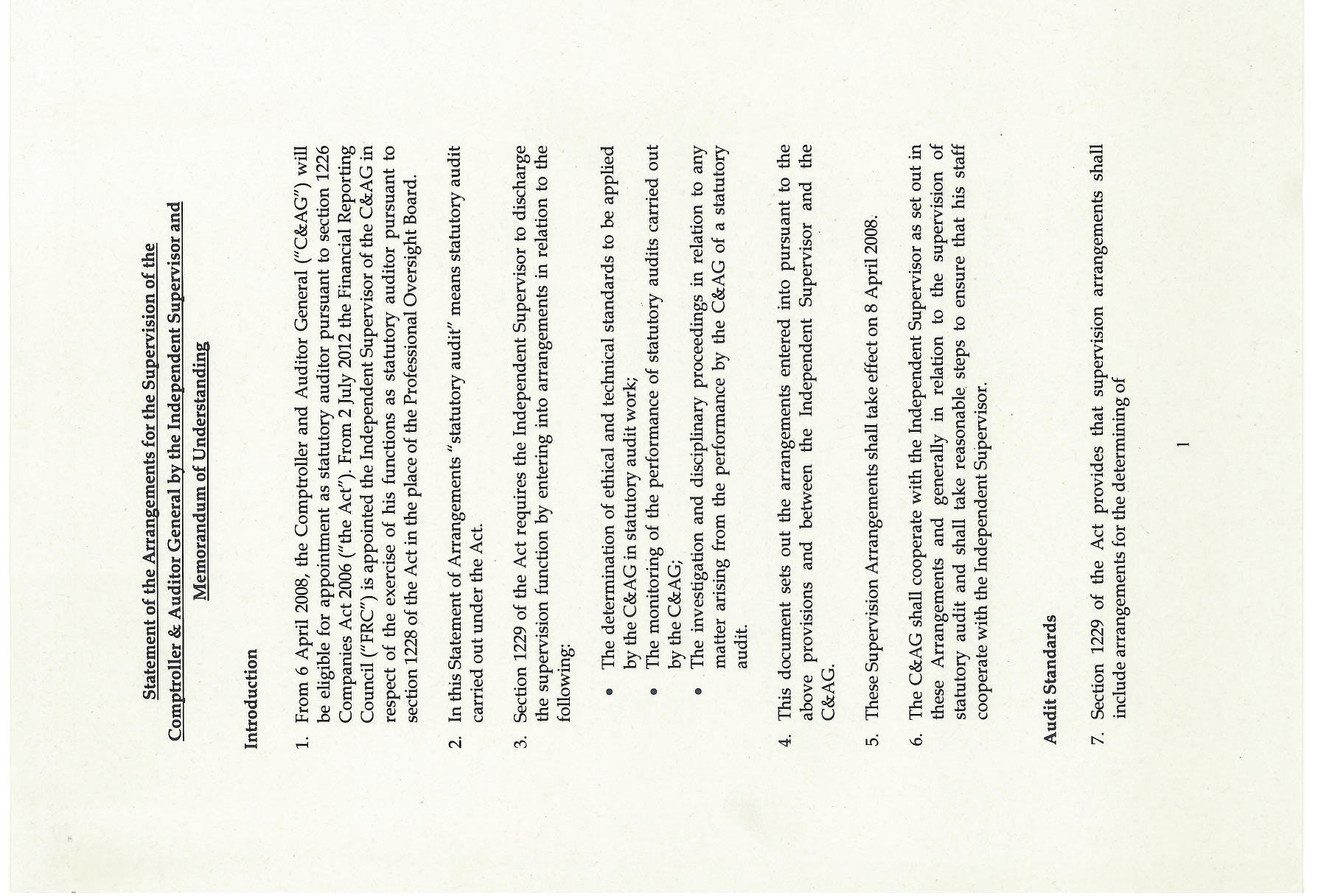 Page 1 outlining arrangements for supervision by the Independent Supervisor and Memorandum of Understanding