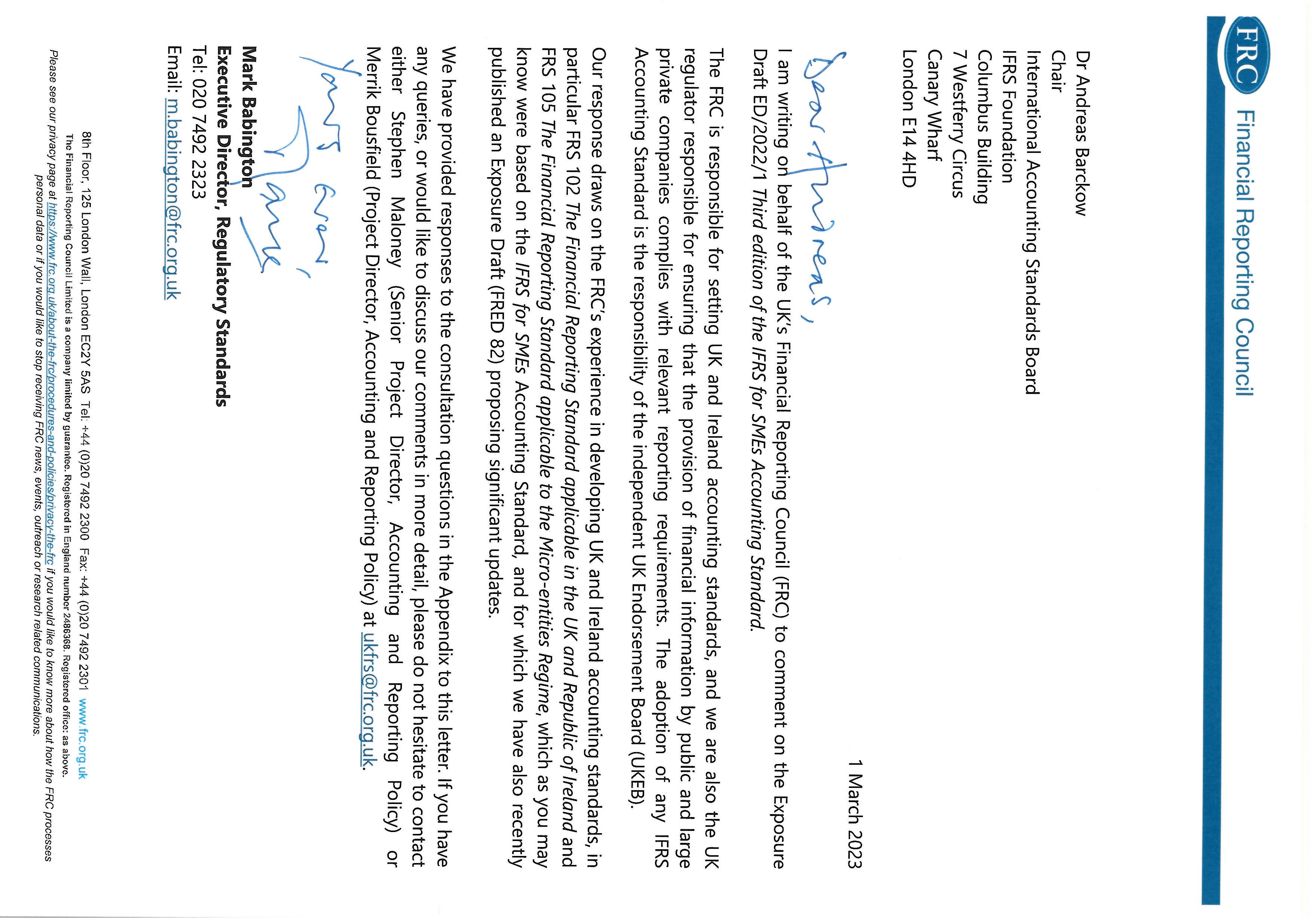 Formal letter from the Financial Reporting Council to the International Accounting Standards Board, dated 1 March 2023, outlining FRC's comments on the IFRS for SMEs Exposure Draft, signed by Mark Babington.