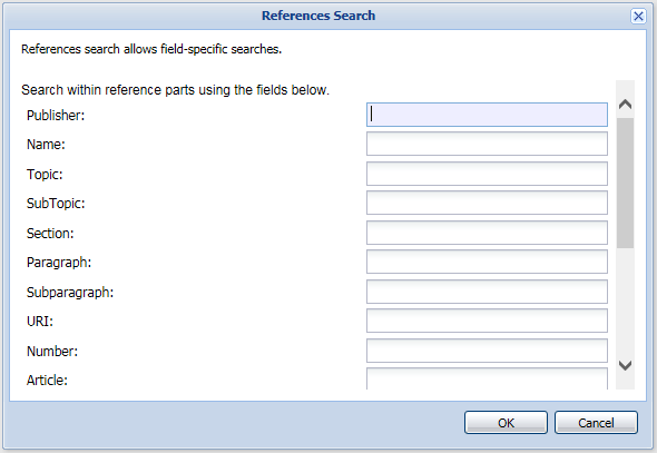 Screenshot of a "References Search" dialog box displaying various input fields for filtering reference parts, such as Publisher, Name, and Topic.