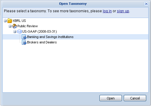 Screenshot of an Open Taxonomy dialog box displaying a hierarchical tree of taxonomies, including "US-GAAP" with "Banking and Savings Institutions" selected.