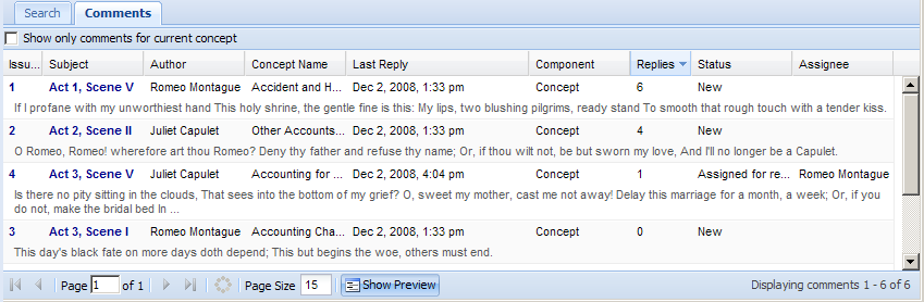 Screenshot of a software interface's "Comments" tab, listing different comments with issue number, subject, author, concept name, and reply status.