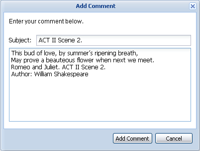 Screenshot of an "Add Comment" dialog box, showing a subject "ACT II Scene 2" and a Shakespearean quote as an example comment.
