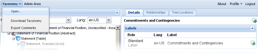 Screenshot of a Taxonomy dropdown menu with options like "Open..." and "Download Taxonomy," alongside details for "Commitments and Contingencies."