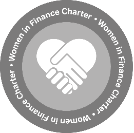 Logo for the Women in Finance Charter, featuring two hands shaking to form a heart, symbolizing partnership and commitment.