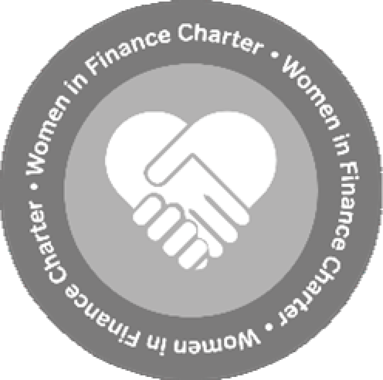 Badge for the Women in Finance Charter, featuring two shaking hands forming a heart, signifying participation in the initiative.