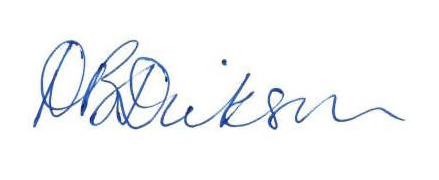 Blue handwritten signature of D.B. Dickson, authenticating the document.