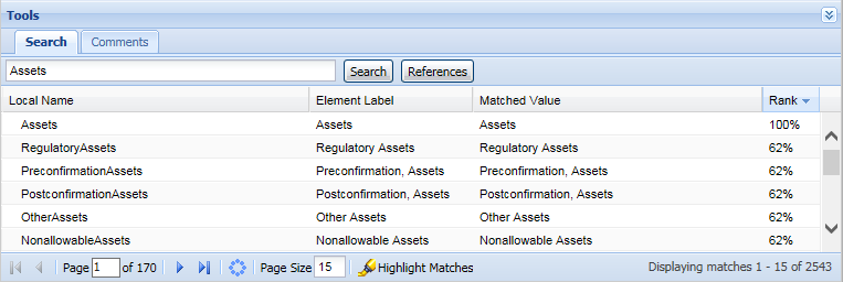 Screenshot of a software interface showing search results for "Assets," displayed in a table with columns for local name, element label, matched value, and rank.