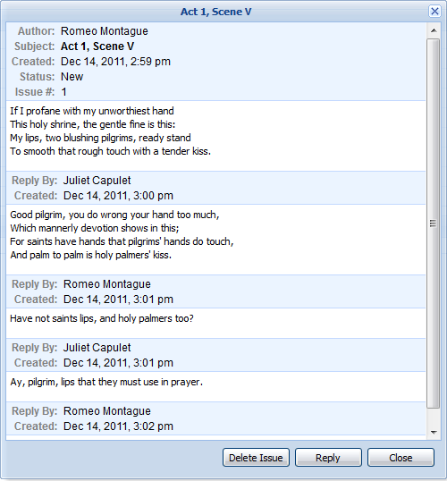 Screenshot of a dialog box displaying a conversation thread between Romeo Montague and Juliet Capulet, with timestamps, related to "Act 1, Scene V."