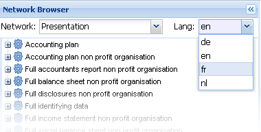 Screenshot of a "Network Browser" showing language selection for reports like "Accounting plan" and "Full balance sheet non profit organisation."