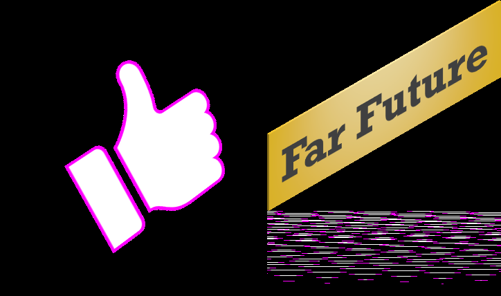 A white thumbs-up icon with a pink outline, next to a golden ribbon label displaying the text "Far Future".