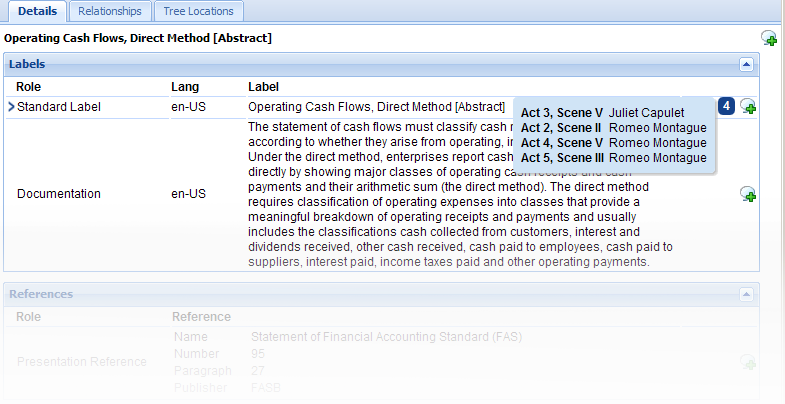 Screenshot showing details for "Operating Cash Flows, Direct Method," including documentation, references to FASB, and a popup with Shakespearean references.