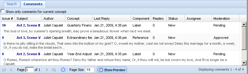 Screenshot of a software interface's "Comments" tab displaying a table of issues, subjects, authors, concepts, and comment details with text excerpts.