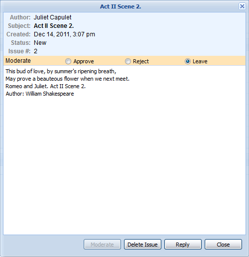 Screenshot of a software dialog for reviewing an issue related to "Act II Scene 2," showing metadata, moderation options, and a quote.