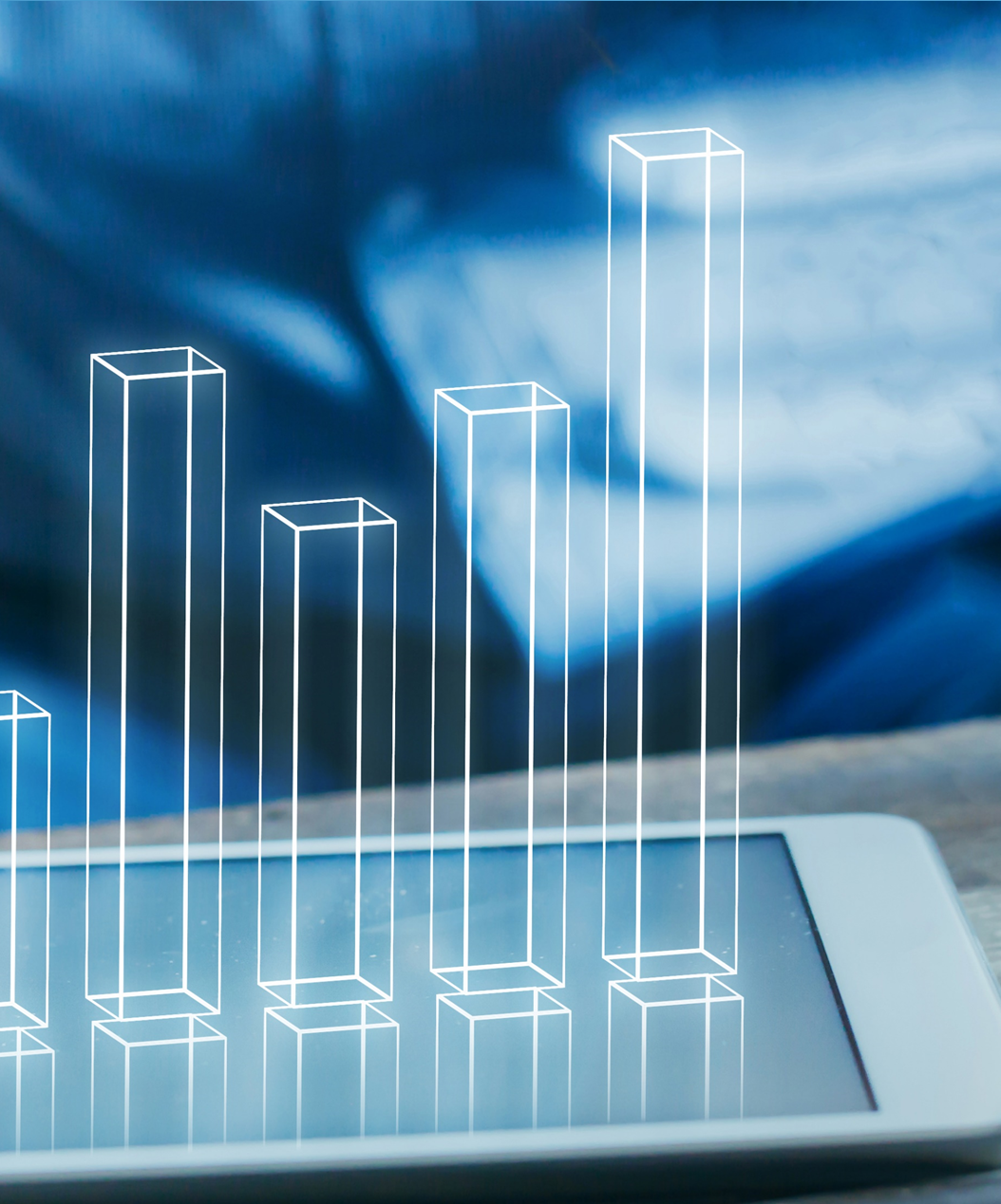 Conceptual image showing 3D bar graphs emerging from a tablet screen, symbolizing data visualization and reporting.