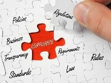 Puzzle image showing 'Compliance' as the core, with pieces like 'Policies', 'Regulations', 'Rules', 'Law', and 'Standards' forming the surrounding context.