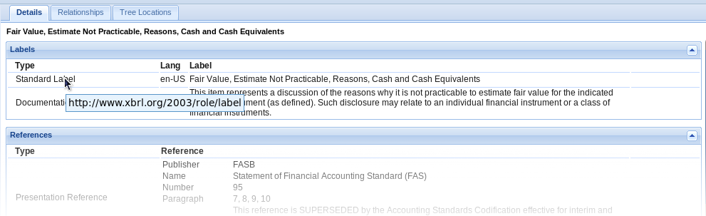 Screenshot showing details for "Fair Value, Estimate Not Practicable, Reasons, Cash and Cash Equivalents," including labels and financial references.