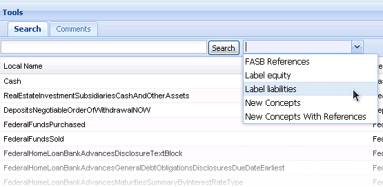 Screenshot of a software interface's "Tools" section, showing a search bar, a list of financial terms, and an open dropdown menu with search filter options like "Label liabilities".