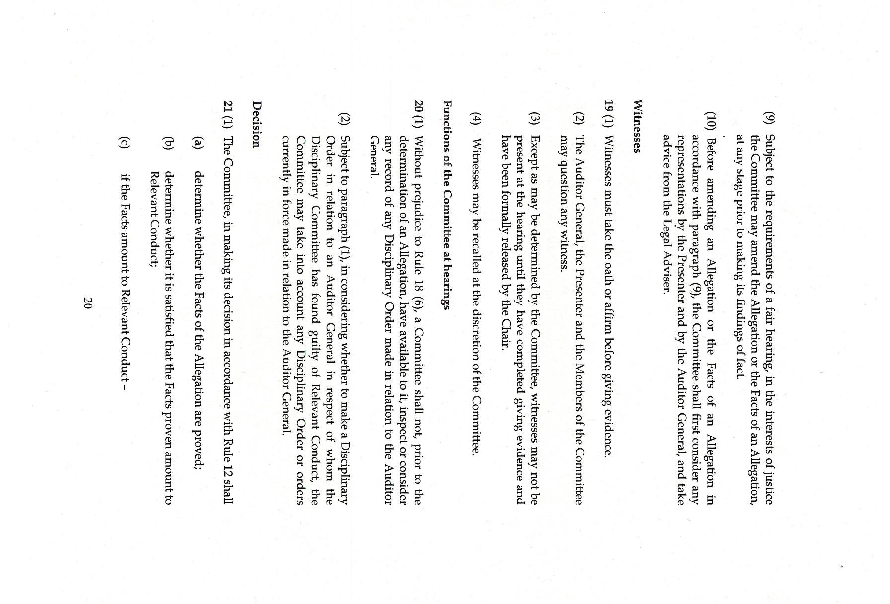 Page 20 of a document outlining witness procedures committee functions during hearings and decision-making rules