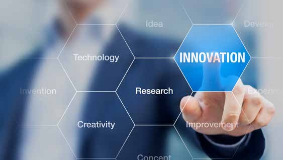 Conceptual diagram with a hand pointing to "Innovation" at the center, surrounded by hexagonal cells like Technology, Research, Creativity, Idea, and Improvement.